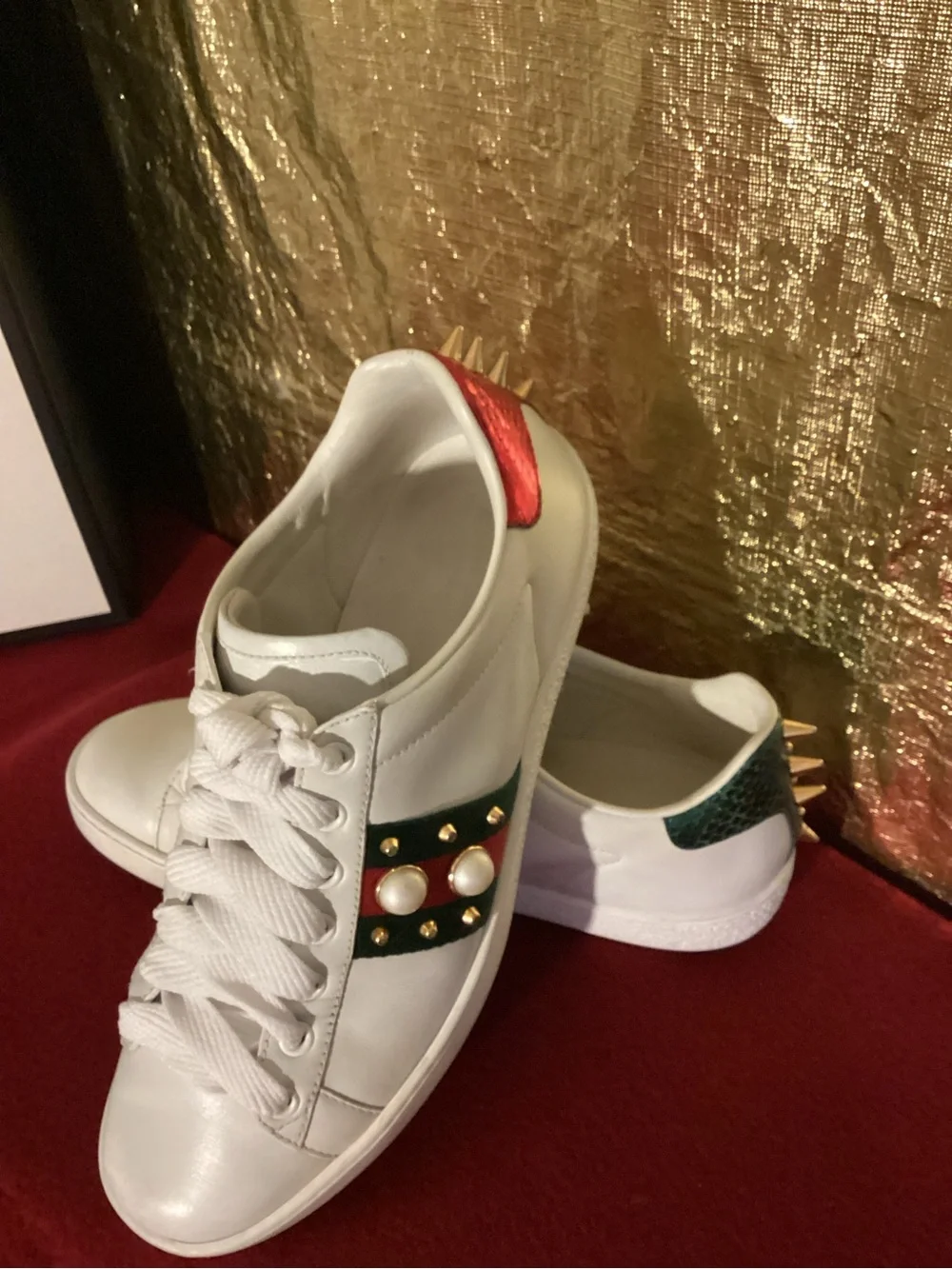 Gucci White Leather Sneakers with Green and Red Stripe and Pearl Studs